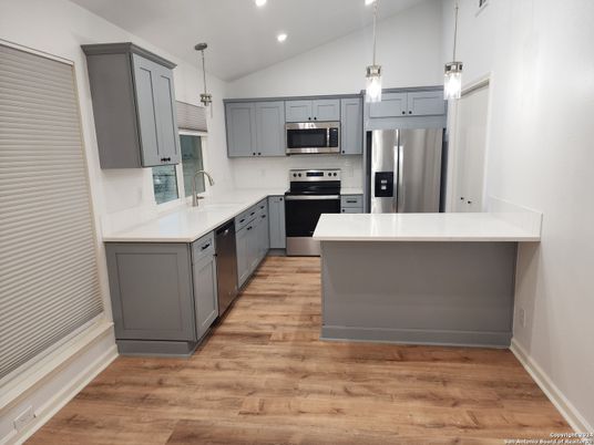 Interior, Kitchen, Pendant Lights, Recessed Lighting, Stainless Steel Appliances, Wood Texture Flooring