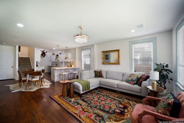 Chandelier, Dining room, Interior, Kitchen, Living room, Pendant Lights, Recessed Lighting, Wood Texture Flooring