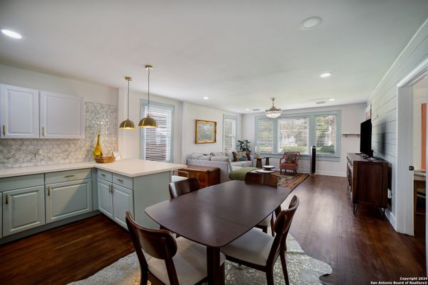 Dining room, Interior, Living room, Pendant Lights, Recessed Lighting, Wood Texture Flooring