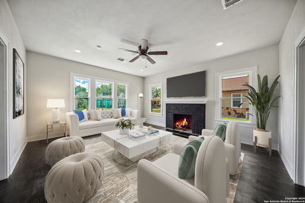 Fireplace, Interior, Living room, Recessed Lighting, Wood Texture Flooring