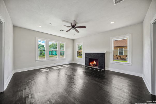 Empty room, Fireplace, Interior, Recessed Lighting, Wood Texture Flooring