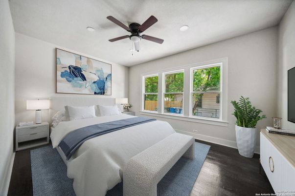 Bedroom, Interior, Recessed Lighting, Wood Texture Flooring