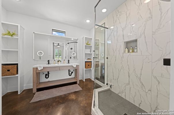 Bathroom, Glass Shower, Interior, Marble Walls, Recessed Lighting