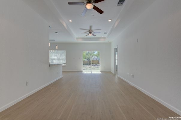 Empty room, Interior, Pendant Lights, Recessed Lighting, Wood Texture Flooring