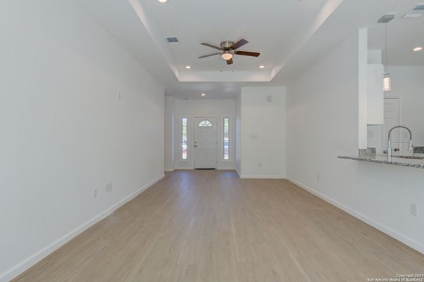 Empty room, Interior, Pendant Lights, Recessed Lighting, Wood Texture Flooring