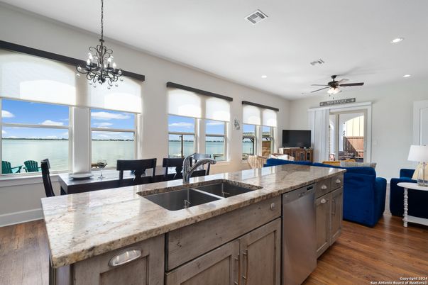 Dining room, Interior, Kitchen, Recessed Lighting, Water, Wood Texture Flooring