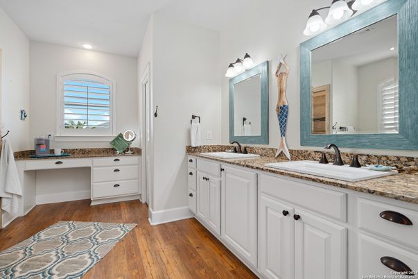 Bathroom, Dual Sink Vanities, Interior, Recessed Lighting, Wood Texture Flooring
