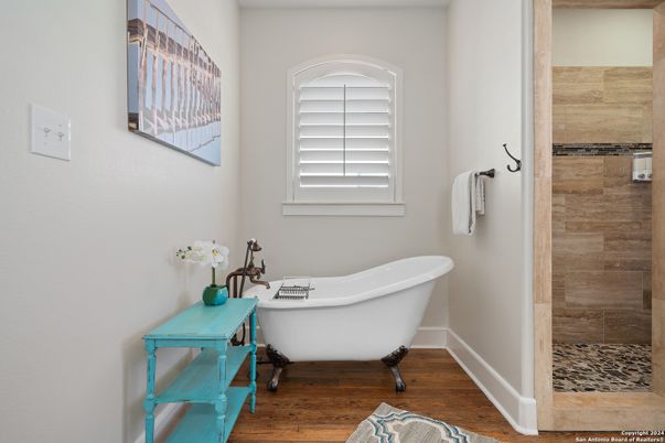 Bathroom, Free Standing Baths, Interior, Wood Texture Flooring, Wooden Walls