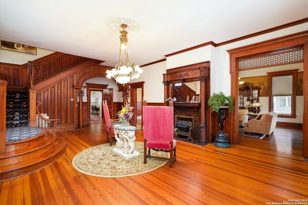 Chandelier, Fireplace, Interior, Wood Texture Flooring, Wooden Walls