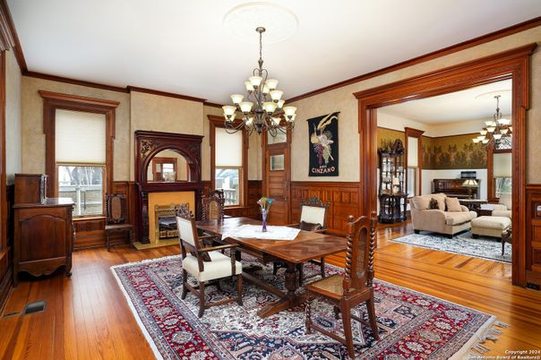 Chandelier, Dining room, Fireplace, Interior, Living room, Wood Texture Flooring