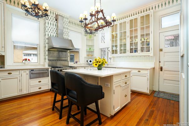 Chandelier, Interior, Kitchen, Stainless Steel Appliances, Wood Texture Flooring