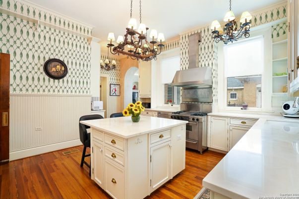 Chandelier, Interior, Kitchen, Stainless Steel Appliances, Wood Texture Flooring
