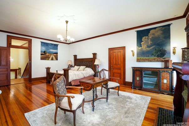 Bedroom, Chandelier, Dining room, Interior, Wood Texture Flooring