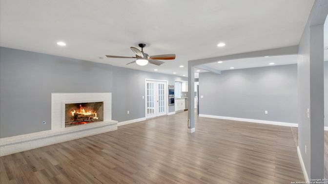 Empty room, Fireplace, Interior, Recessed Lighting, Wood Texture Flooring