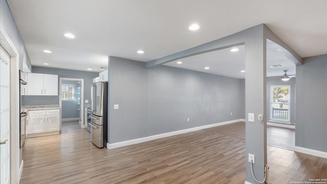 Empty room, Interior, Kitchen, Recessed Lighting, Wood Texture Flooring