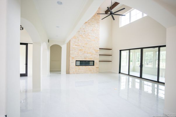 Empty room, Fireplace, Interior, Pendant Lights, Recessed Lighting, Stone Walls