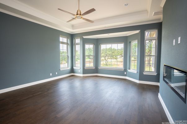 Empty room, Fireplace, Interior, Recessed Lighting, Wood Texture Flooring