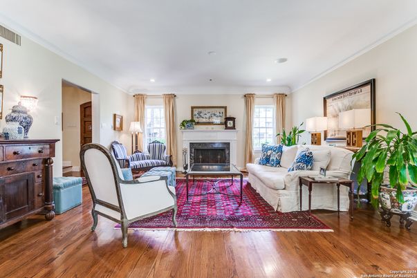 Fireplace, Interior, Living room, Recessed Lighting, Wood Texture Flooring