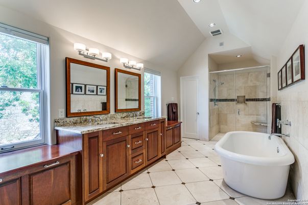 Bathroom, Dual Sink Vanities, Free Standing Baths, Glass Shower, Interior, Recessed Lighting