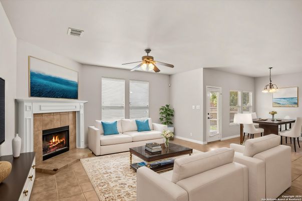 Dining room, Fireplace, Interior, Living room, Pendant Lights