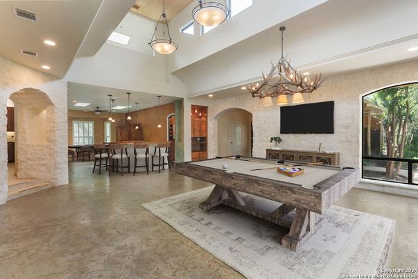 Billiard Table, Chandelier, Fireplace, Game Room, Interior, Pendant Lights, Recessed Lighting