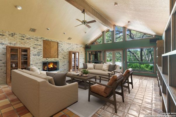 Fireplace, Interior, Living room, Recessed Lighting, Stone Walls