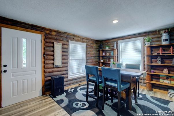 Dining room, Interior, Recessed Lighting, Wood Texture Flooring, Wooden Walls
