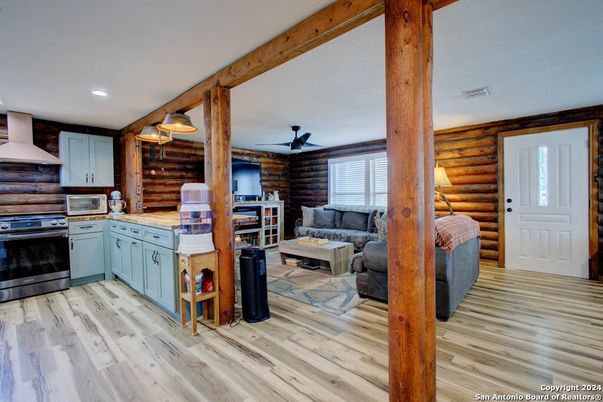 Interior, Kitchen, Living room, Recessed Lighting, Wood Texture Flooring, Wooden Walls