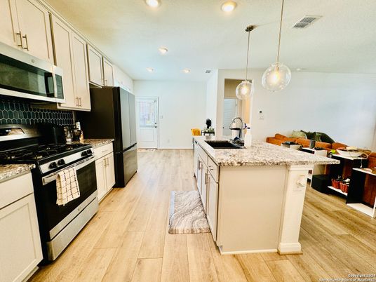 Interior, Kitchen, Pendant Lights, Recessed Lighting, Wood Texture Flooring