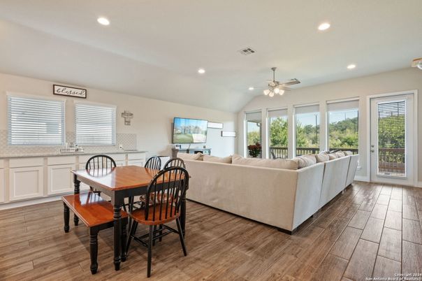 Dining room, Interior, Living room, Recessed Lighting, Wood Texture Flooring