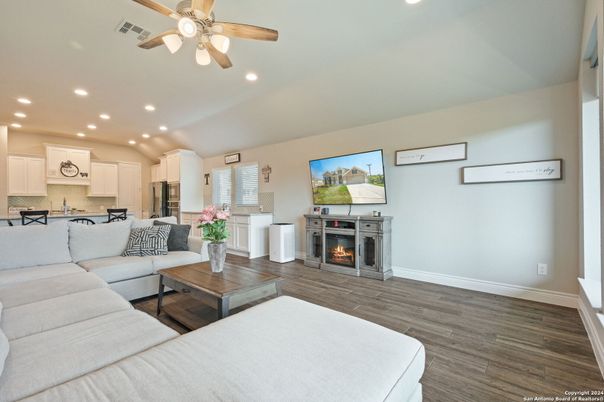 Fireplace, Interior, Kitchen, Living room, Recessed Lighting, Wood Texture Flooring