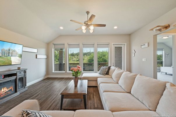 Fireplace, Interior, Living room, Recessed Lighting, Wood Texture Flooring