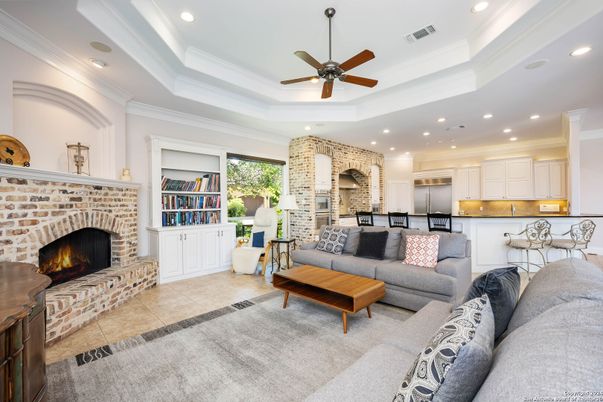 Dining room, Fireplace, Interior, Kitchen, Living room, Recessed Lighting, Stone Walls