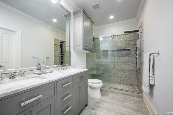 Bathroom, Dual Sink Vanities, Glass Shower, Interior, Recessed Lighting