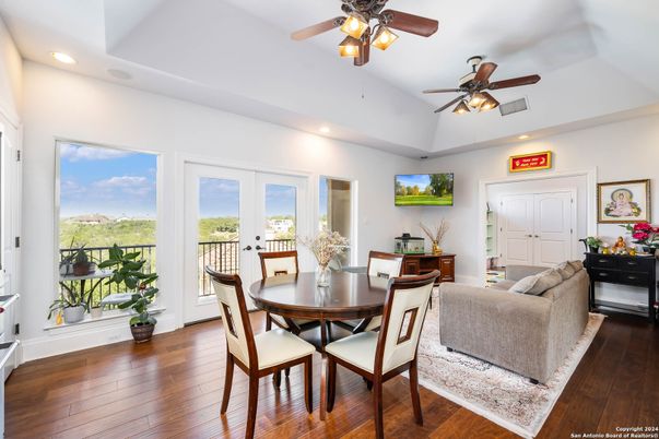 Dining room, Interior, Living room, Recessed Lighting, Wood Texture Flooring