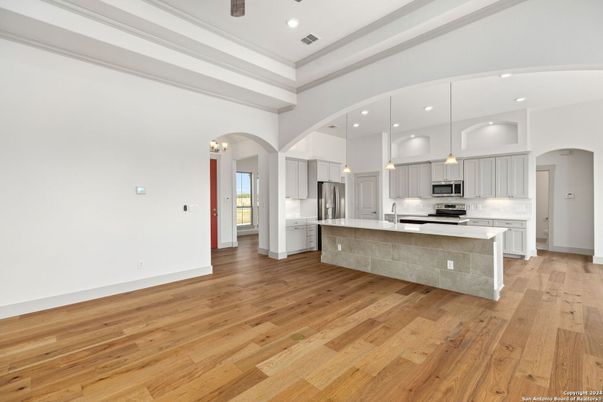 Interior, Kitchen, Pendant Lights, Recessed Lighting, Stainless Steel Appliances, Wood Texture Flooring