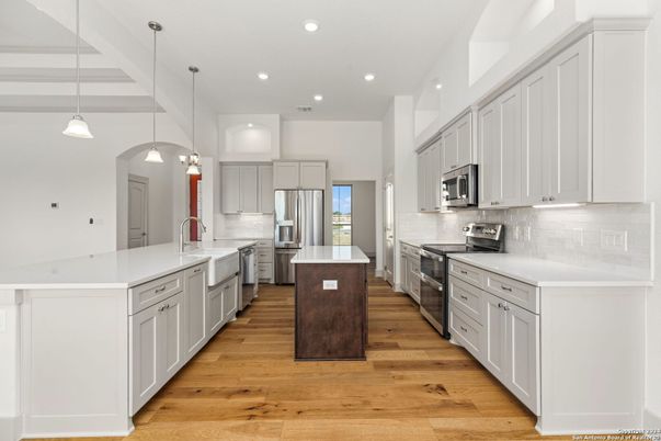Interior, Kitchen, Pendant Lights, Recessed Lighting, Stainless Steel Appliances, Wood Texture Flooring