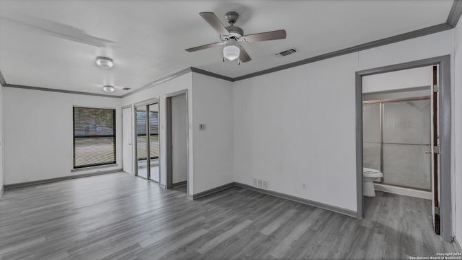 Bathroom, Empty room, Glass Shower, Interior, Wood Texture Flooring