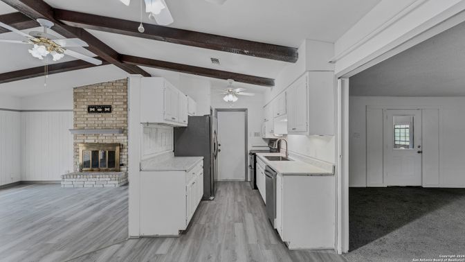 Fireplace, Interior, Kitchen, Stone Walls, Wooden Beams, Wood Texture Flooring