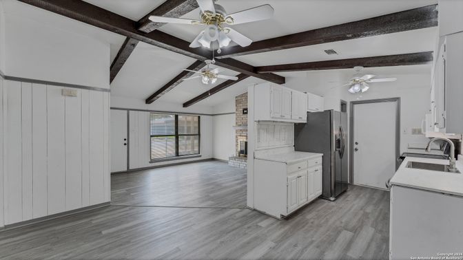 Fireplace, Interior, Kitchen, Wooden Beams, Wood Texture Flooring