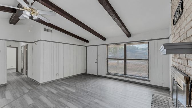 Empty room, Fireplace, Interior, Wooden Beams, Wood Texture Flooring