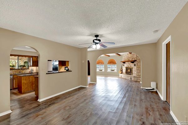 Empty room, Fireplace, Interior, Kitchen, Wood Texture Flooring