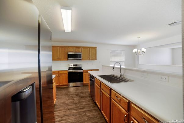 Chandelier, Interior, Kitchen, Stainless Steel Appliances, Wood Texture Flooring