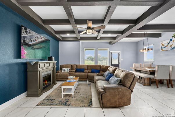 Dining room, Fireplace, Interior, Living room, Pendant Lights, Wooden Beams
