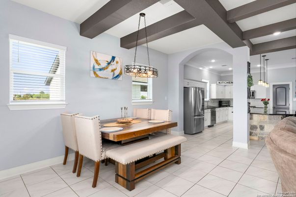 Chandelier, Dining room, Interior, Kitchen, Pendant Lights, Recessed Lighting, Stainless Steel Appliances, Wooden Beams