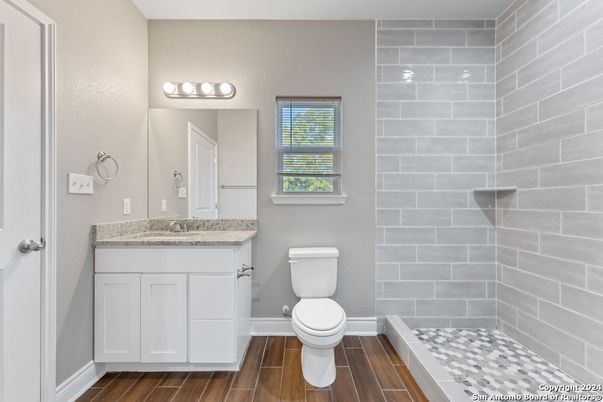 Bathroom, Interior, Stone Walls, Wood Texture Flooring