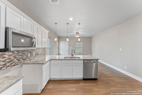 Interior, Kitchen, Pendant Lights, Recessed Lighting, Wood Texture Flooring