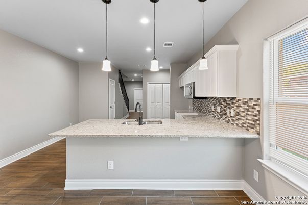 Interior, Kitchen, Pendant Lights, Recessed Lighting, Wood Texture Flooring