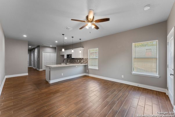 Empty room, Interior, Kitchen, Pendant Lights, Recessed Lighting, Wood Texture Flooring