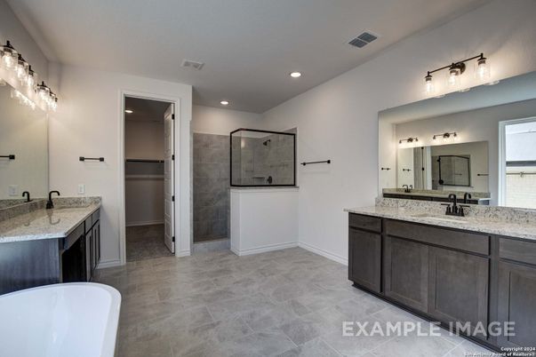 Bathroom, Dual Sink Vanities, Free Standing Baths, Glass Shower, Interior, Recessed Lighting